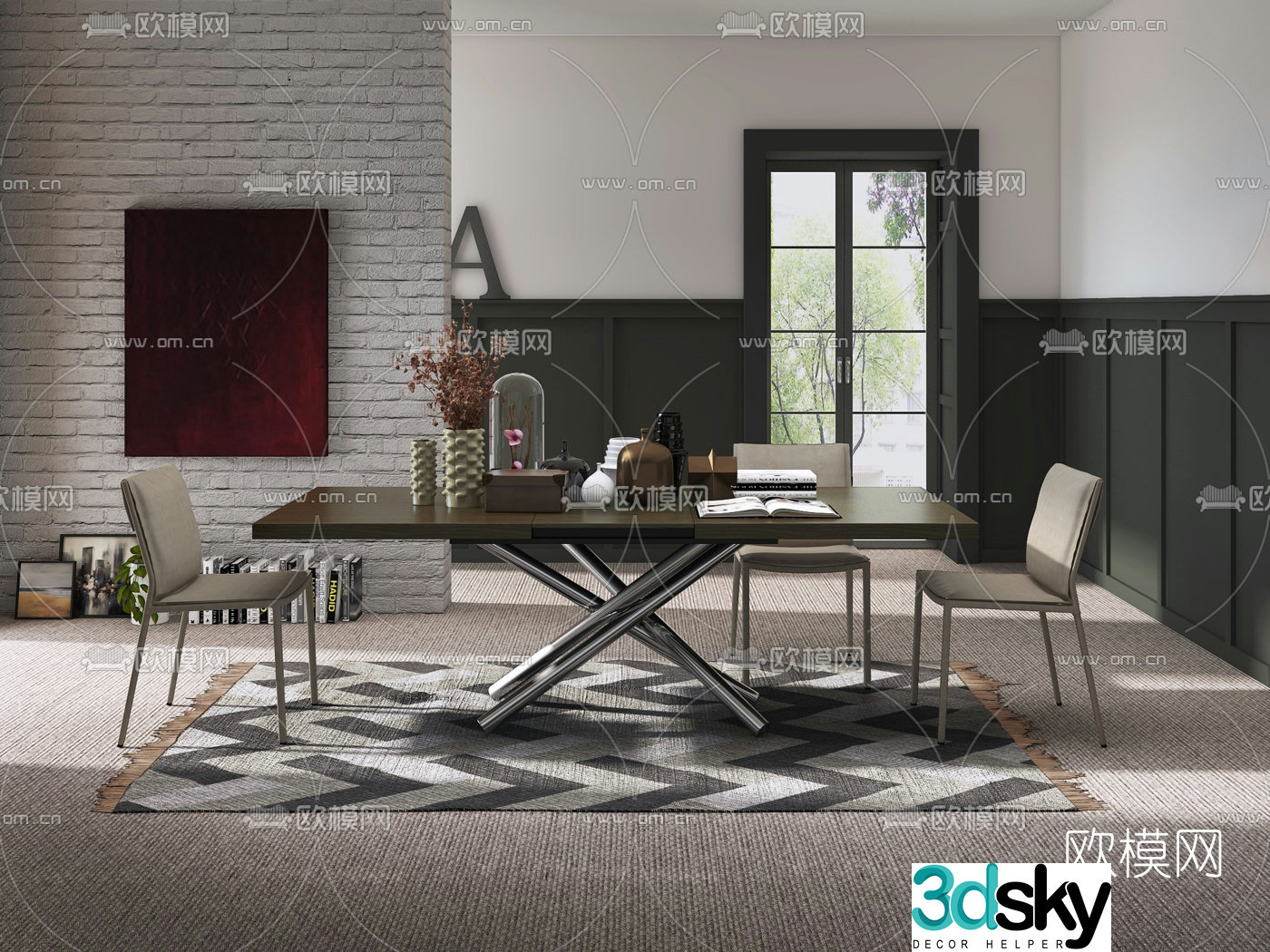 Italian Altacom brand modern solid wood shrink dining table and chairs 3D model