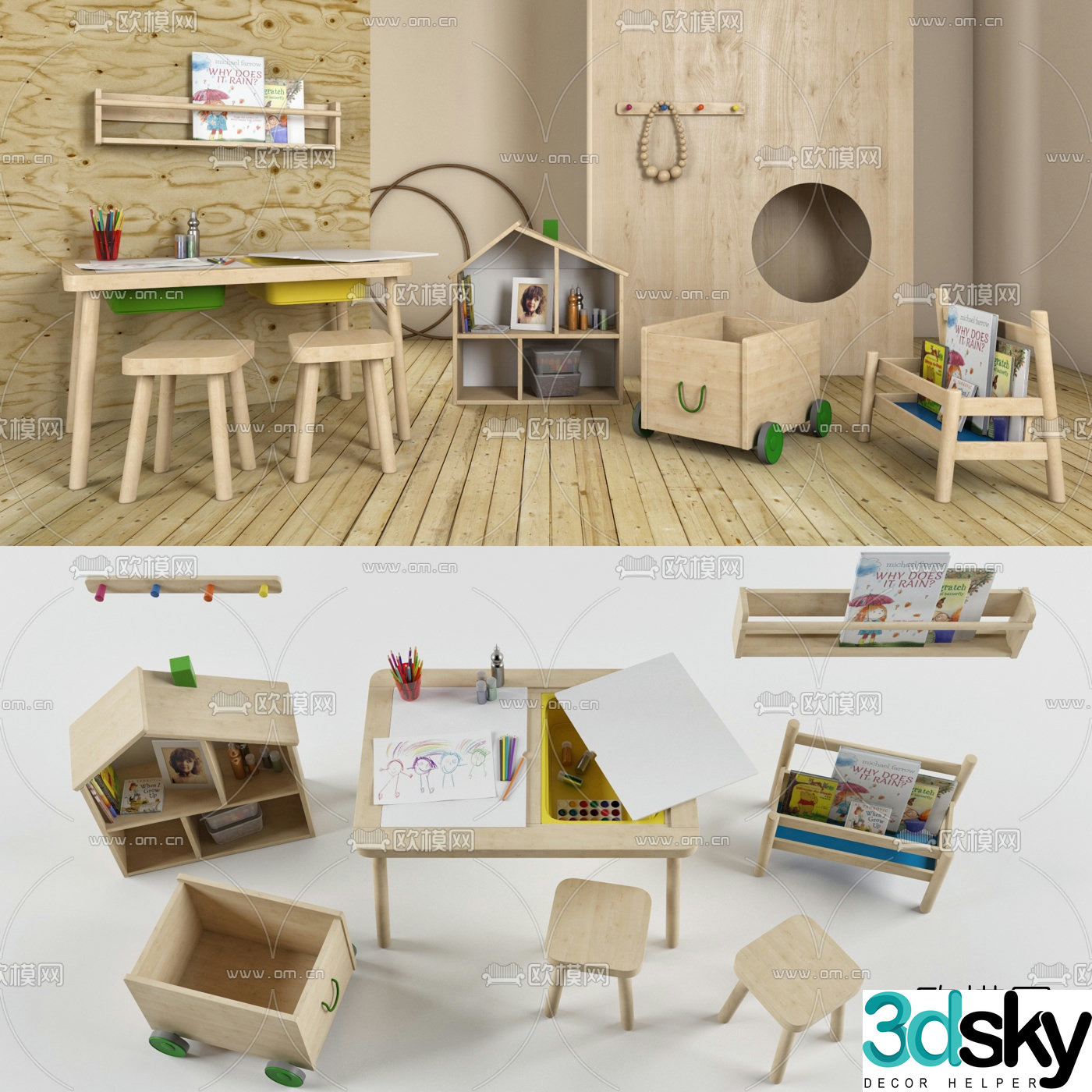 Modern children’s table chair and bookshelf combination 3d model