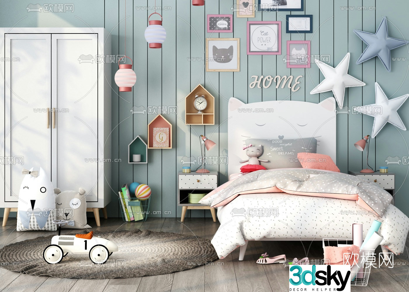 Nordic children’s single bed wardrobe 3d model