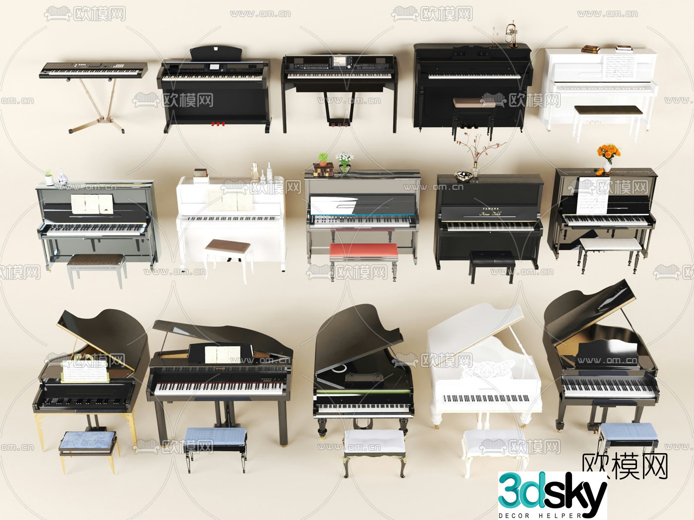 Simple European upright piano electronic keyboard 3D model