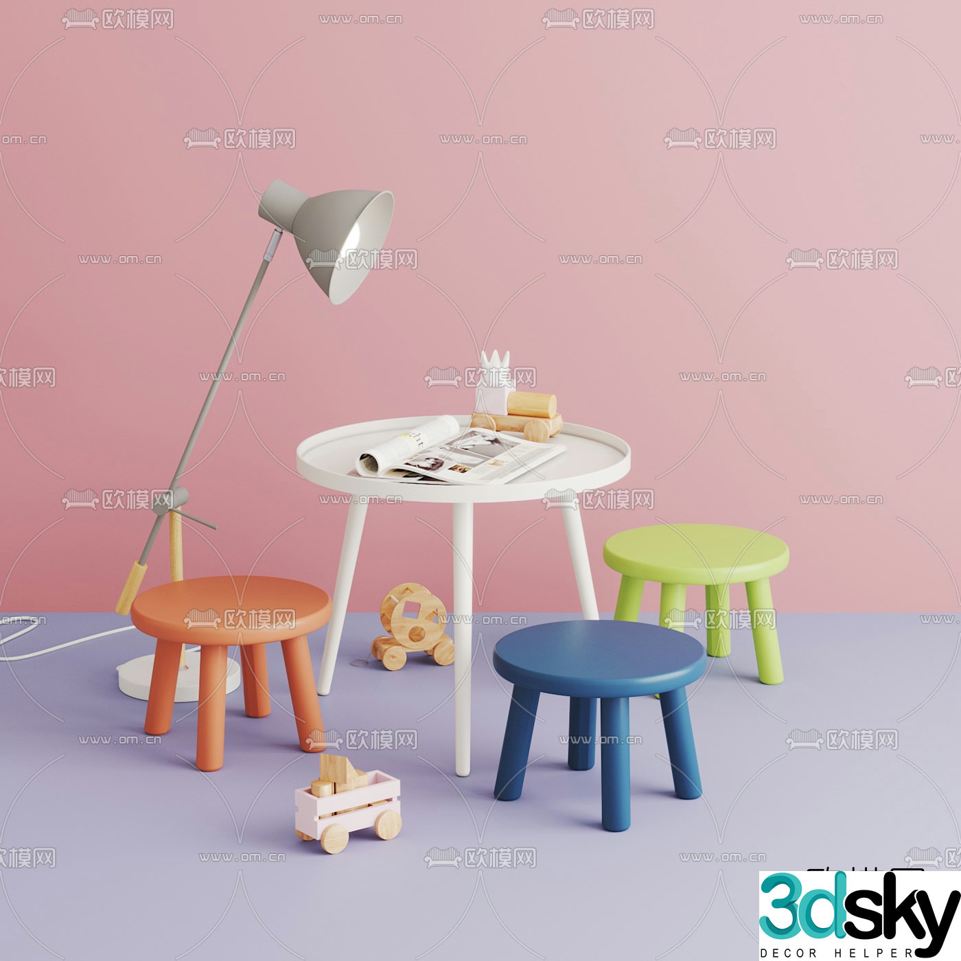 Modern colorful children’s table and chair combination 3d model