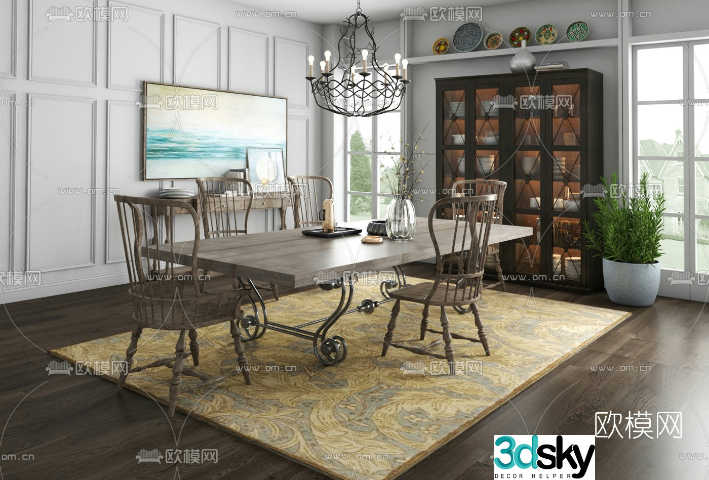 American Hooker brand American mixed-match dining table and chairs 3D model
