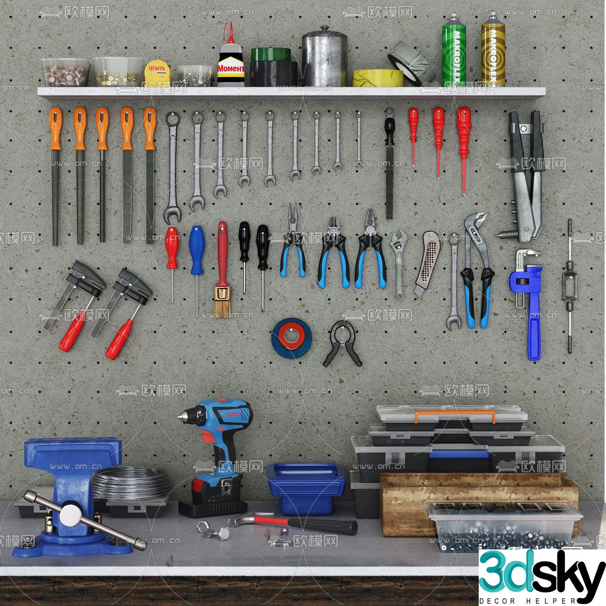 Industrial style manual and electric hardware tool combination 3d model