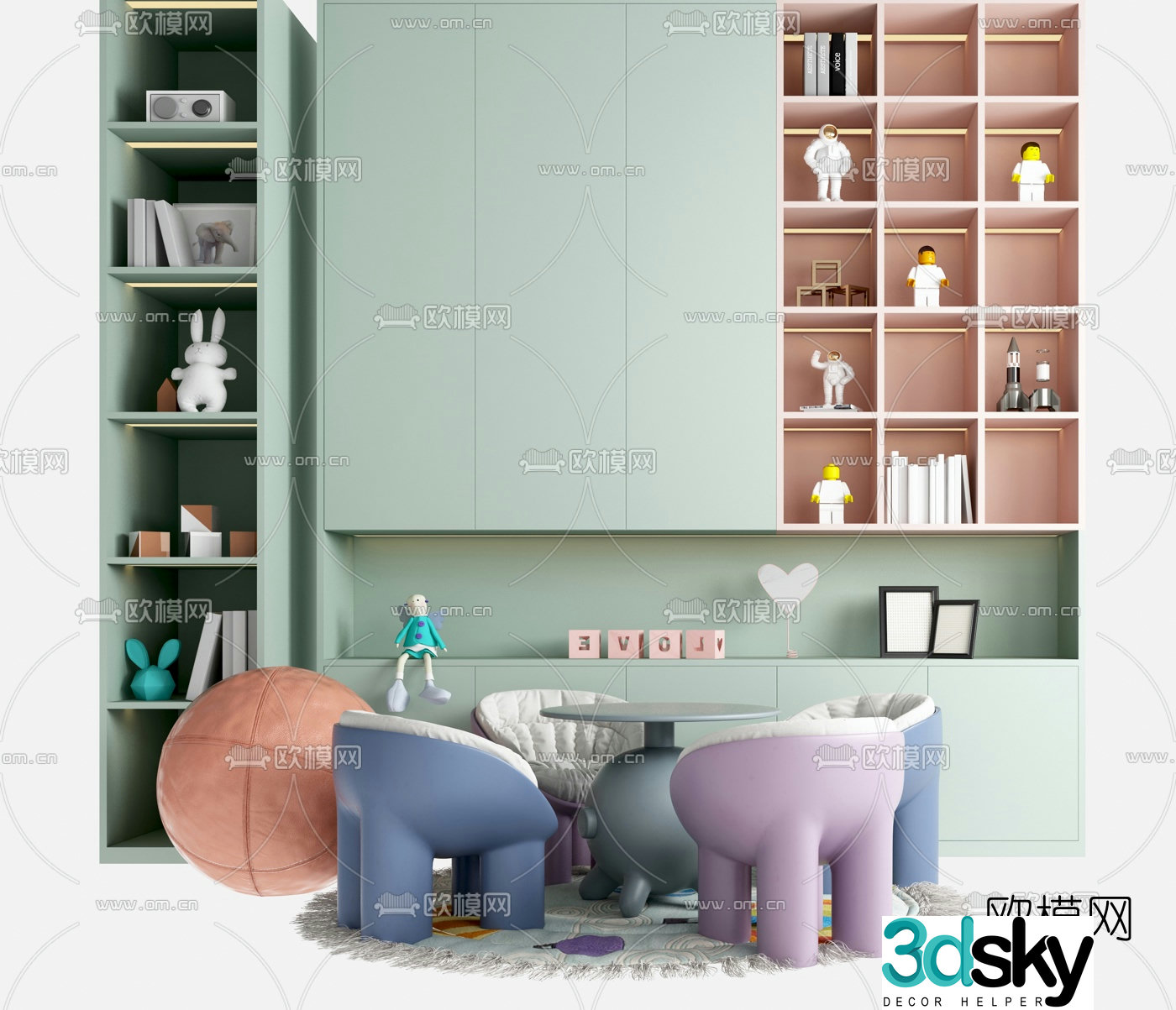 Modern children’s table and chair decorative cabinet 3d model