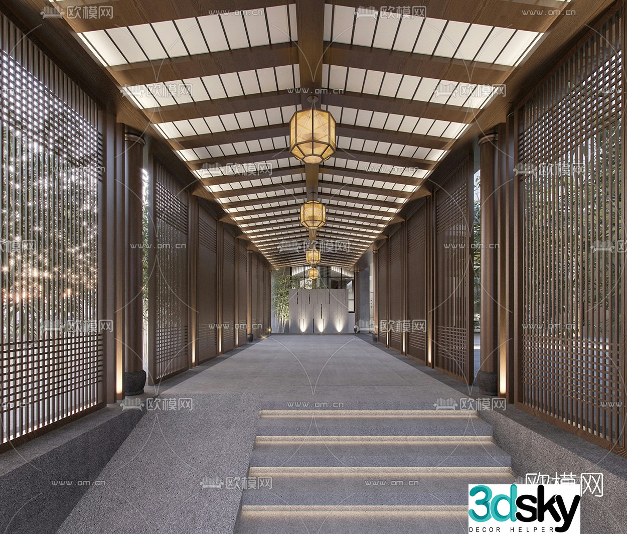 New Chinese style light luxury hotel club corridor 3D model