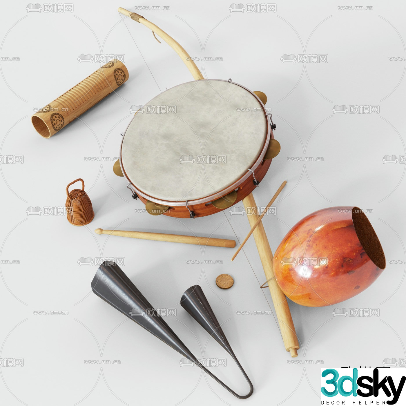 Modern ethnic musical instrument tambourine bells 3d model