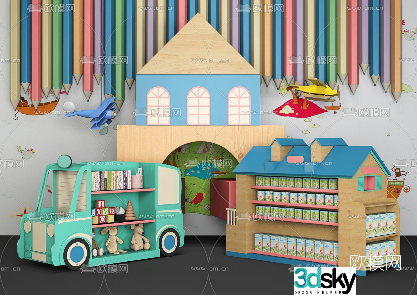 Modern cartoon building block house toy 3d model
