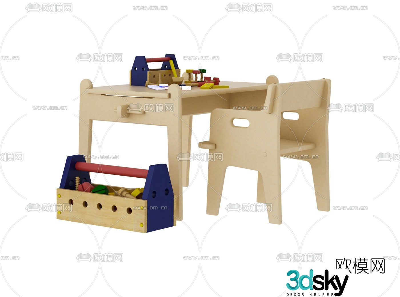 Nordic log children’s table and chair 3d model