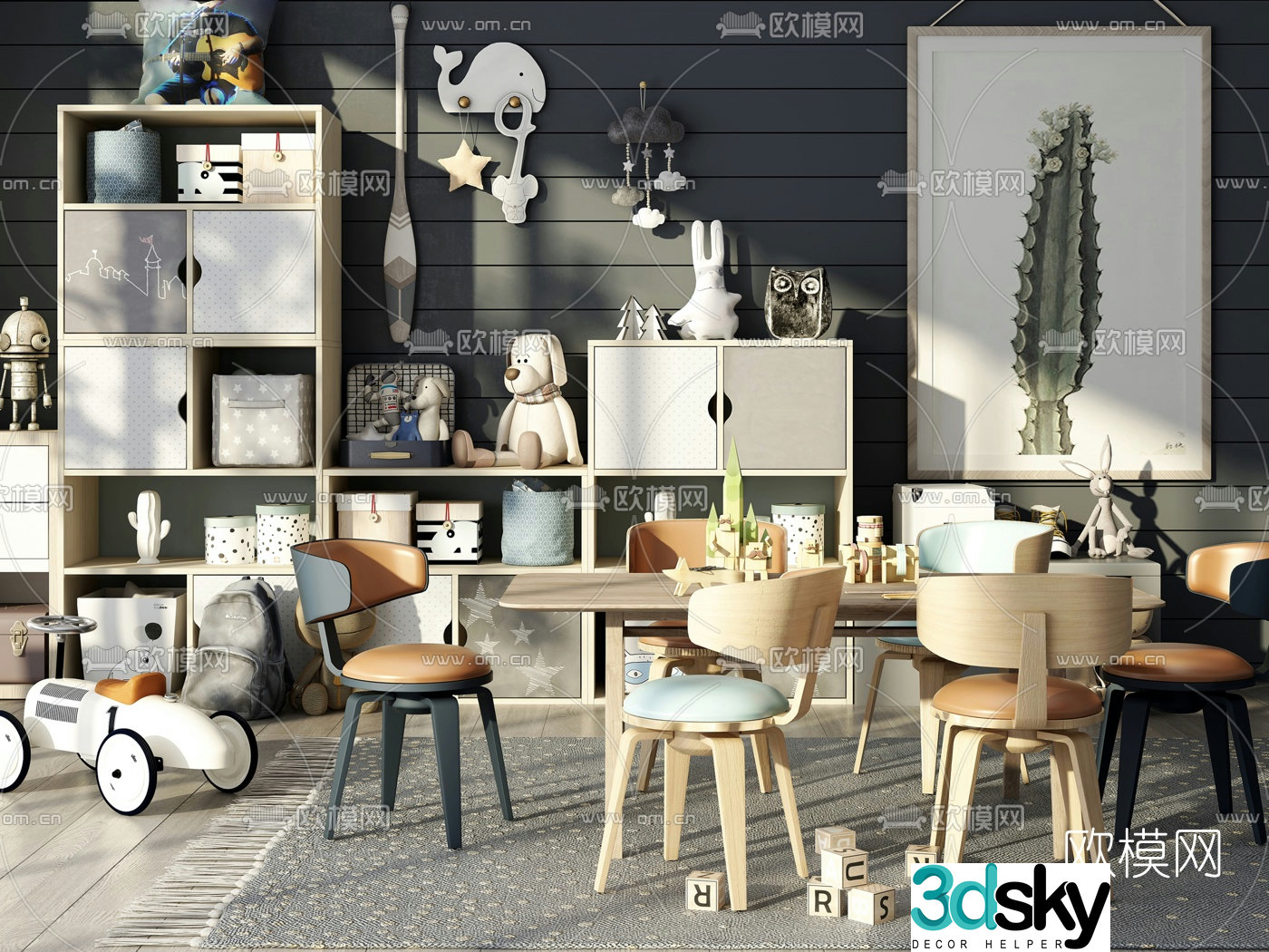 Modern children’s desk and chair locker 3d model