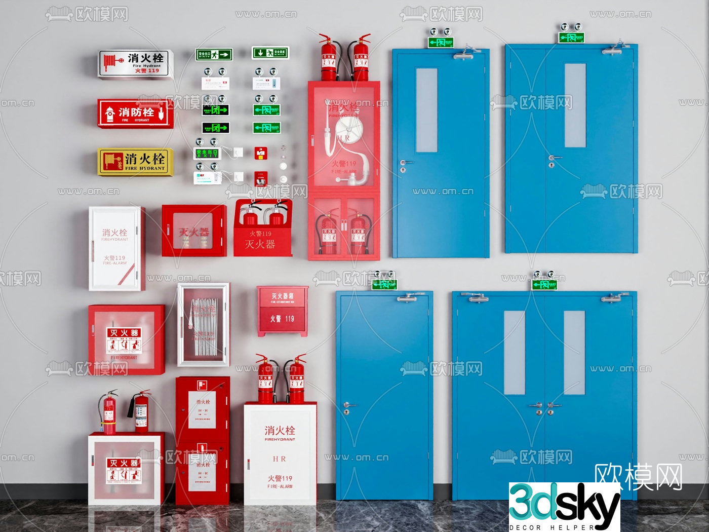 Modern fire hydrant fire extinguisher fire door 3d model