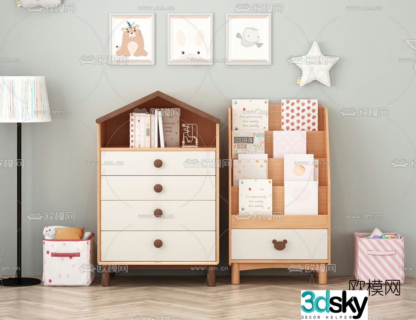 Nordic children’s bookcase storage cabinet 3D model