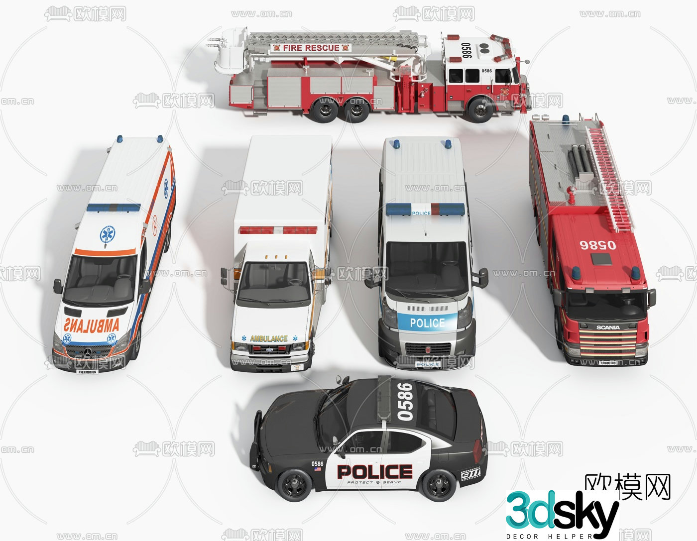 Modern ambulance fire truck police car 3d model