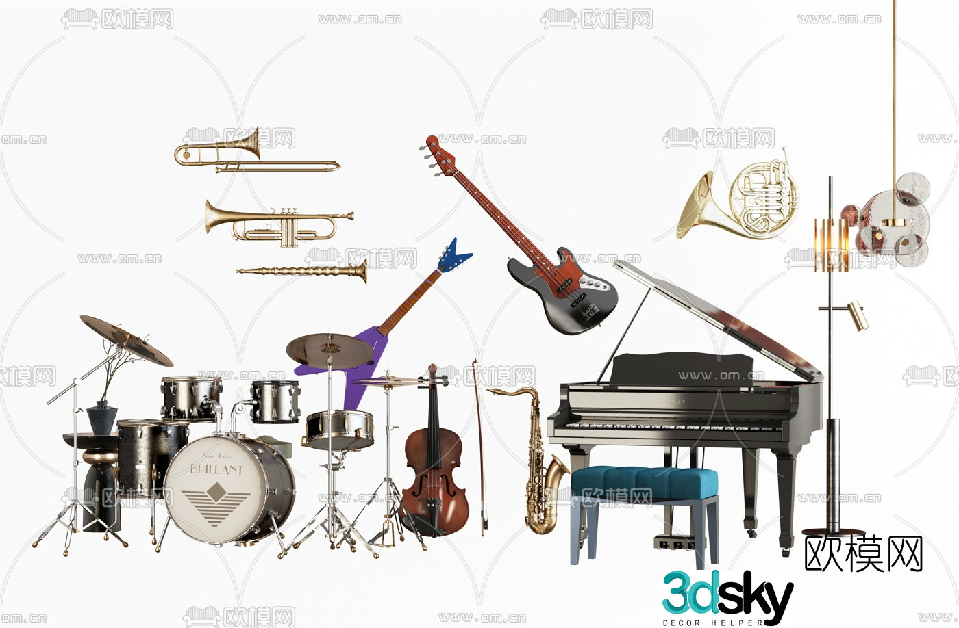 Modern drum set piano guitar saxophone musical instrument 3d model