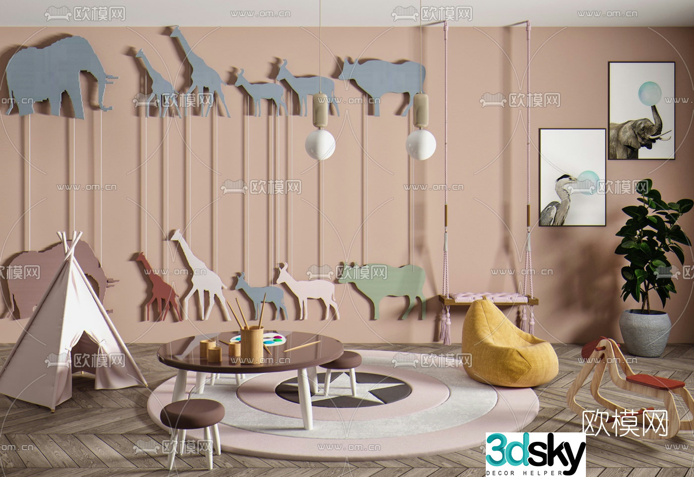 Nordic children’s table chair toy swing 3d model