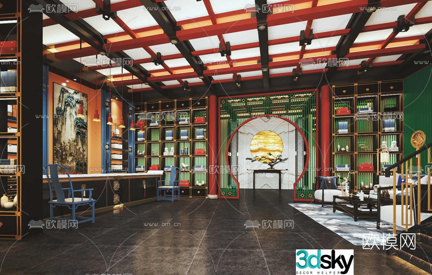 New Chinese style club front lobby 3D model