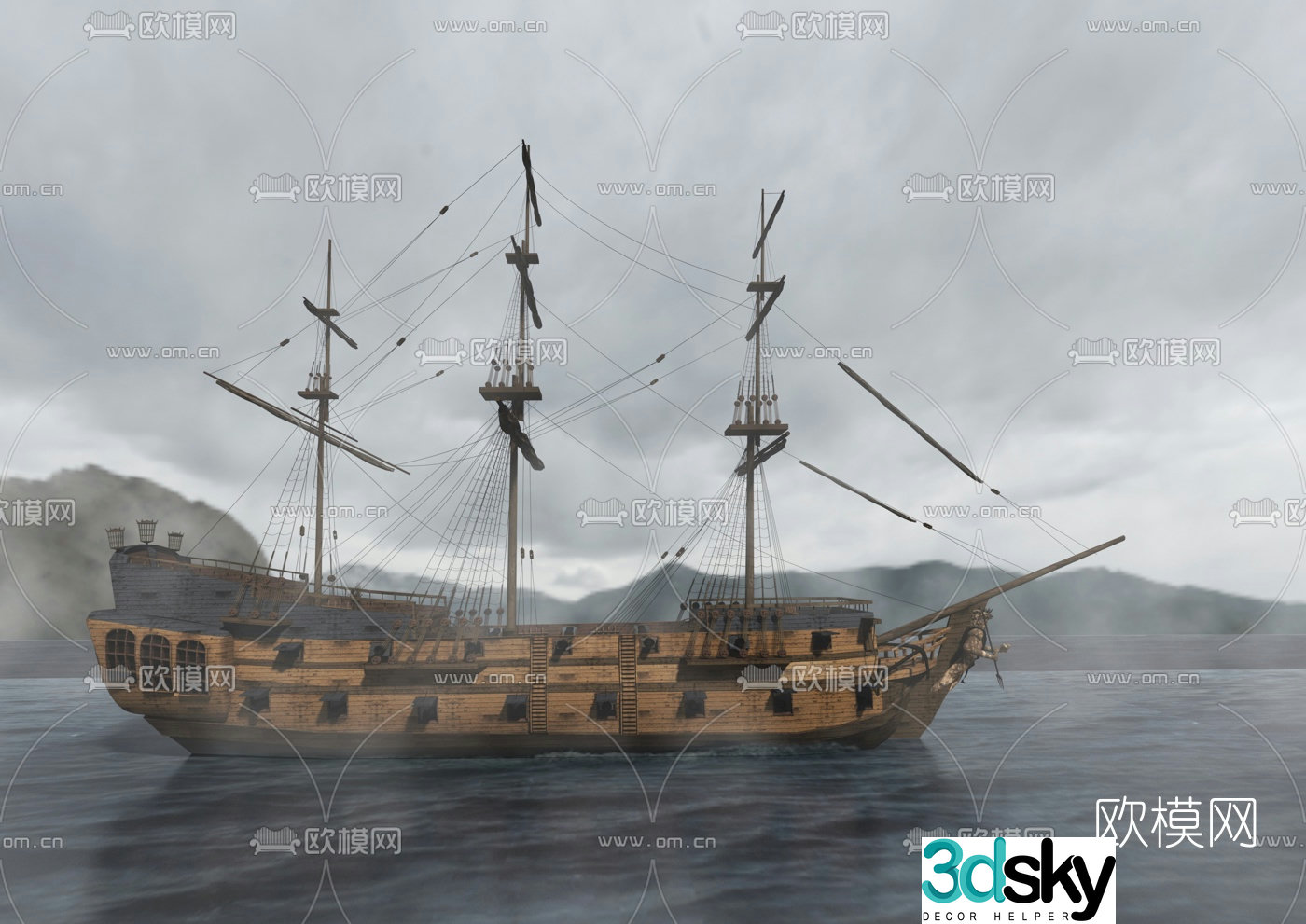 European three-masted sailing ship 3D model