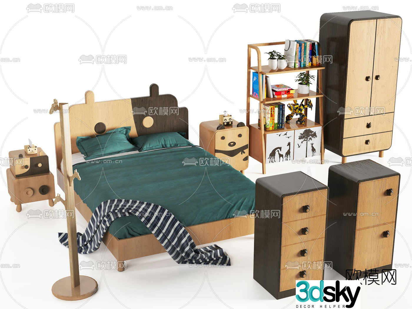 Nordic bedside table wardrobe bookshelf children’s bed 3d model