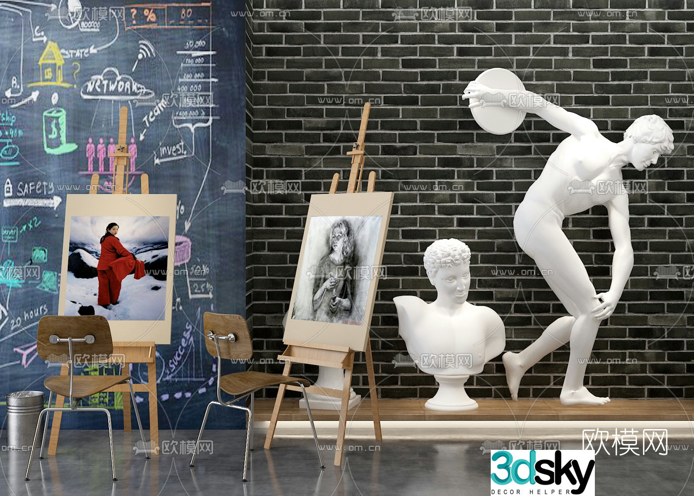 Plaster statue of David on modern easel 3d model
