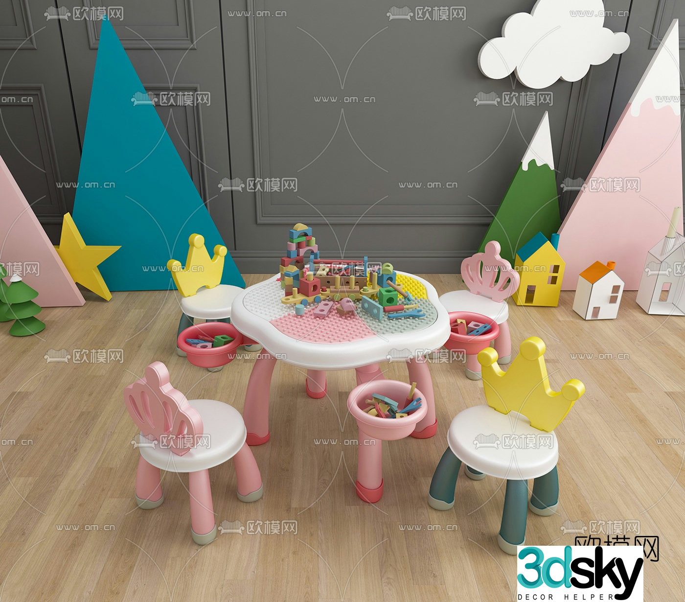Modern children’s toys building blocks table and chair 3d model