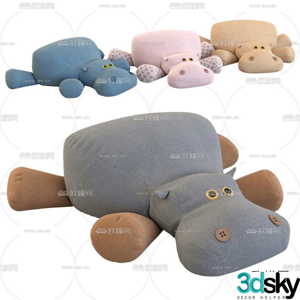 Modern hippopotamus ragdoll figurine toy 3d model