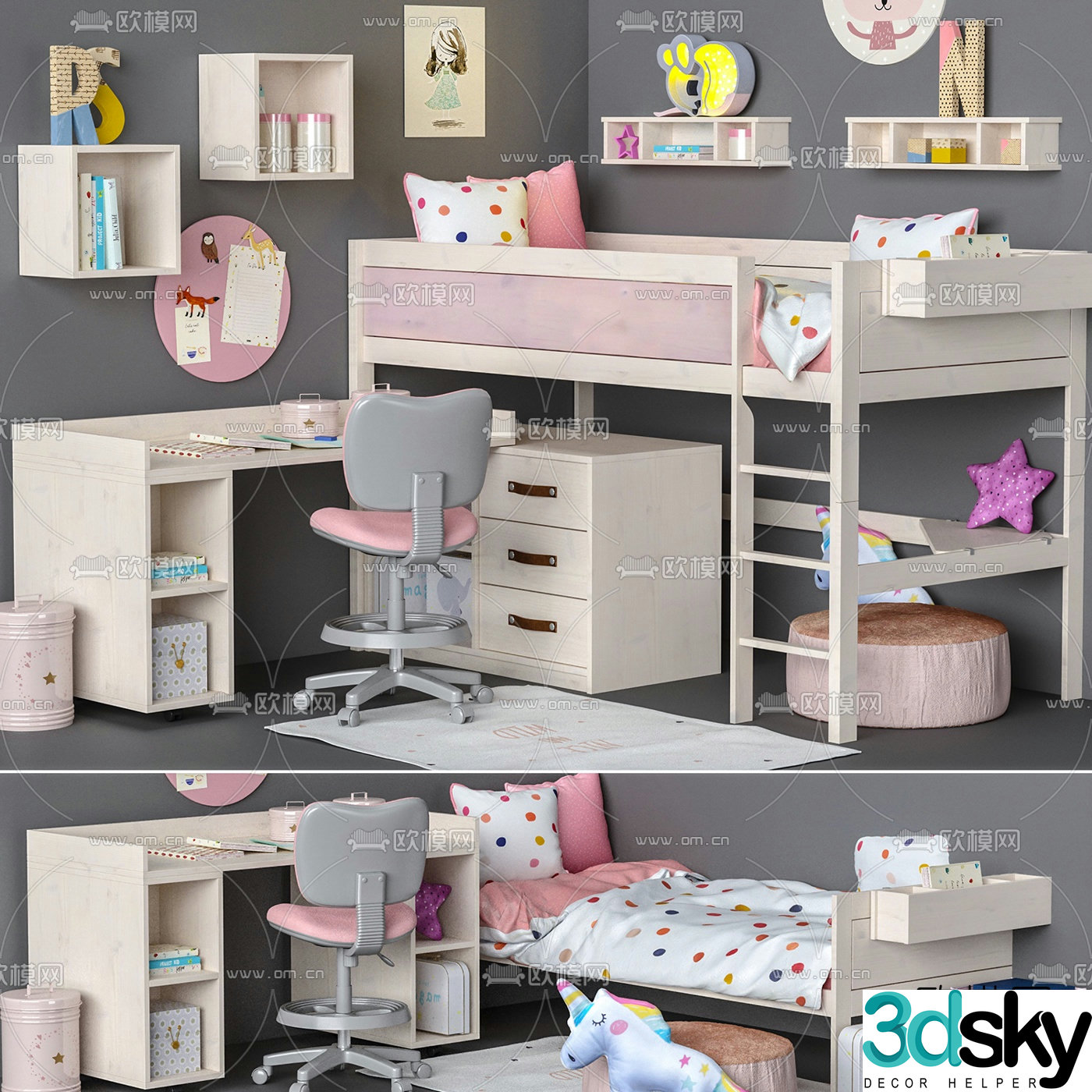 Modern children’s bed children’s desk chair 3d model