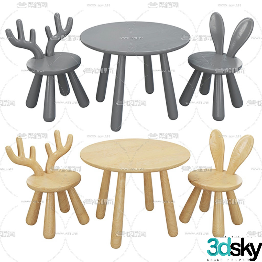 Nordic log children’s animal table and chair 3d model