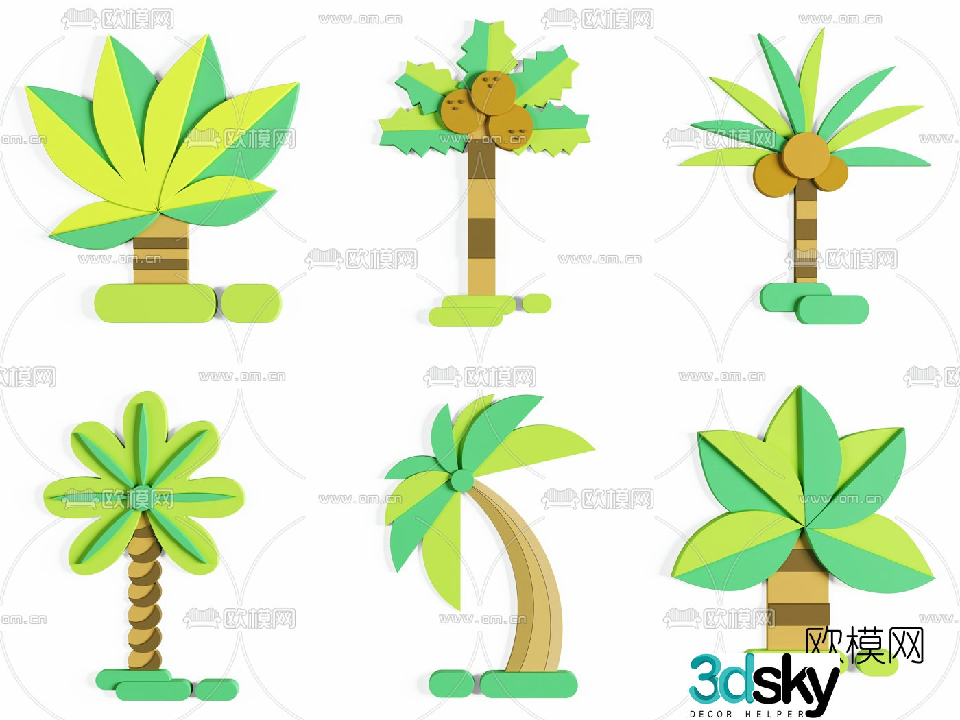 Modern coconut tree cartoon wall decoration 3d model