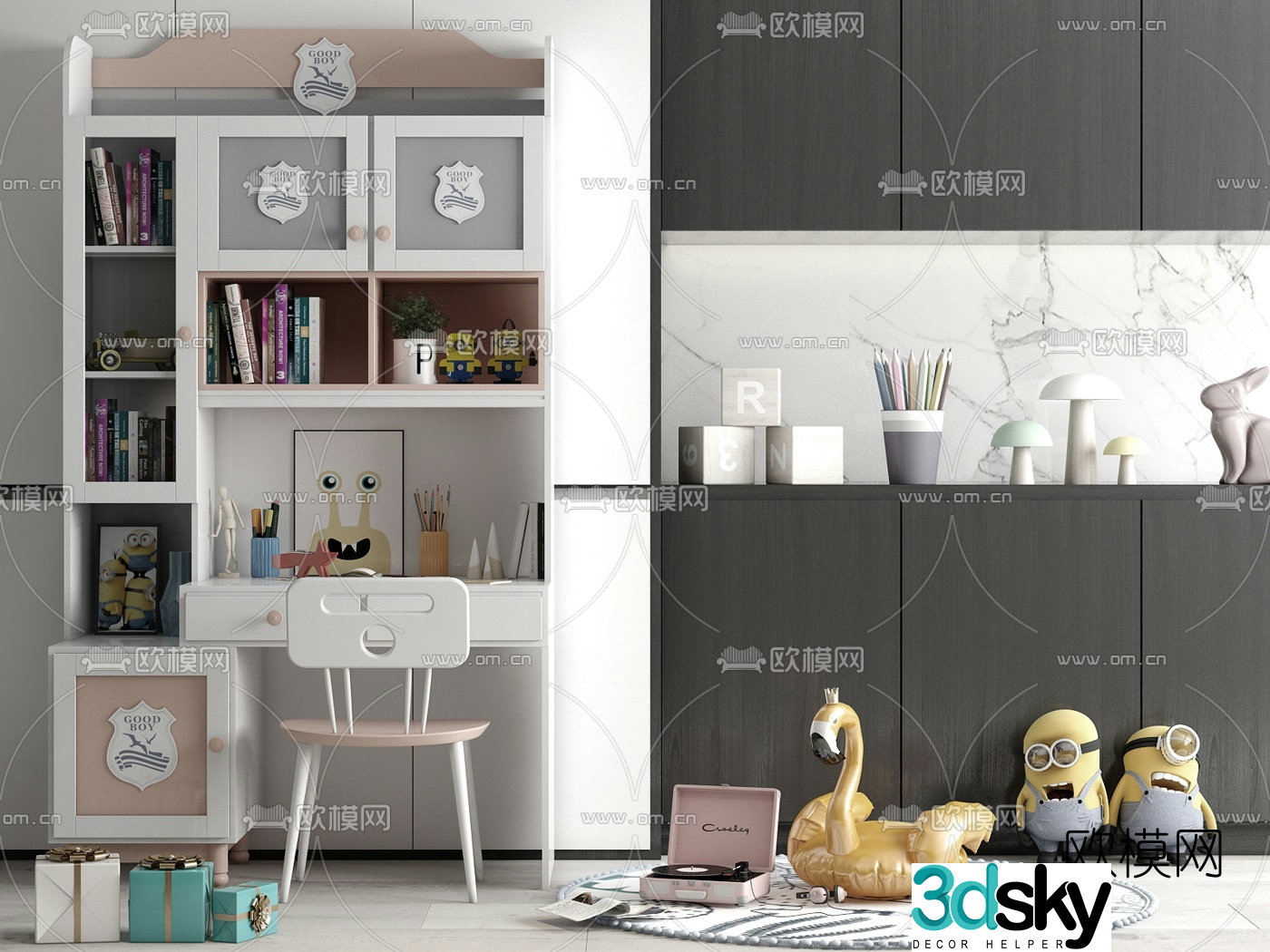 Modern children’s bookcase desk chair 3d model