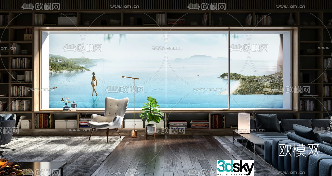 Modern hotel sea view room 3d model