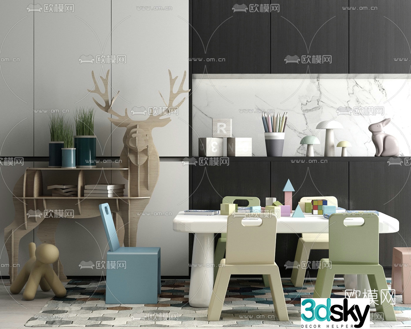 Modern children’s cabinet children’s table and chairs 3d model