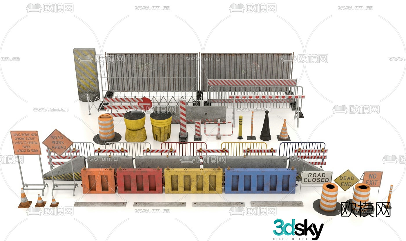 3d model of modern traffic facility roadblock warning sign