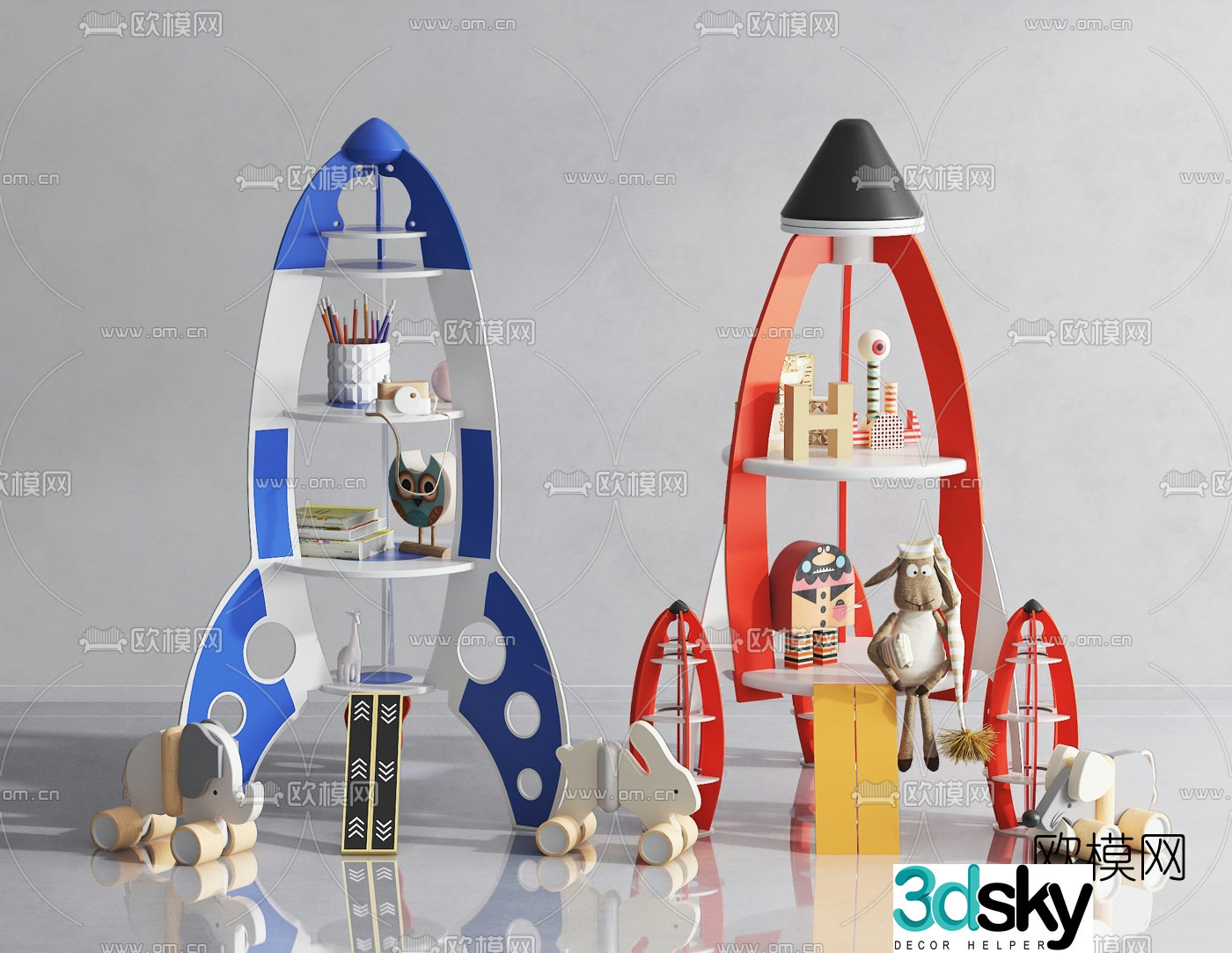 Modern children’s rocket shelf 3d model