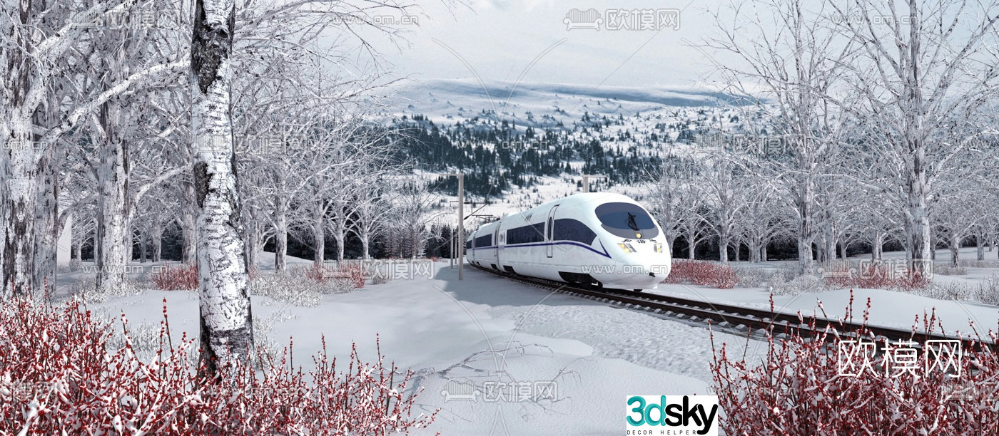 Modern high-speed rail railway snow scene 3d model