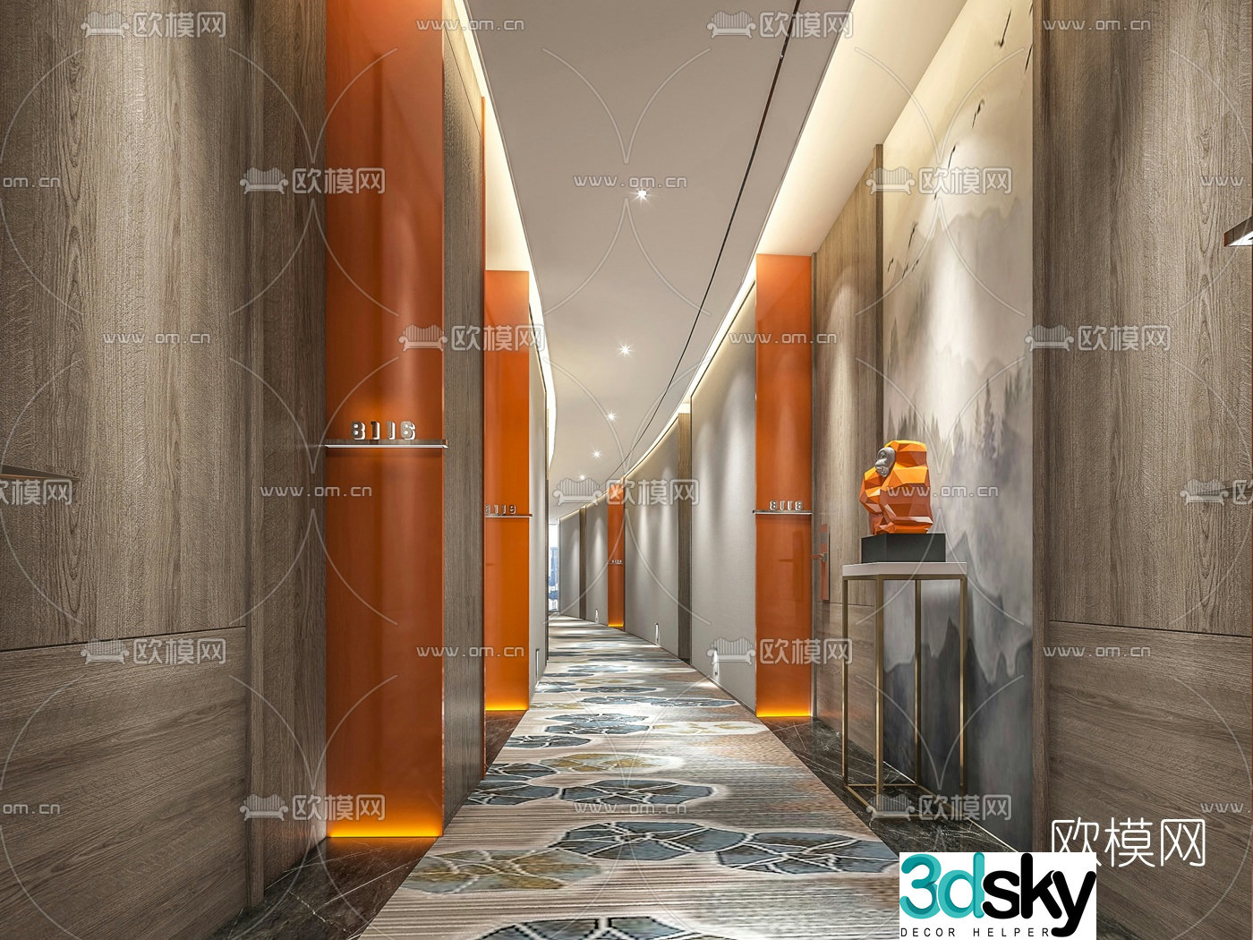 Modern light luxury hotel aisle 3D model