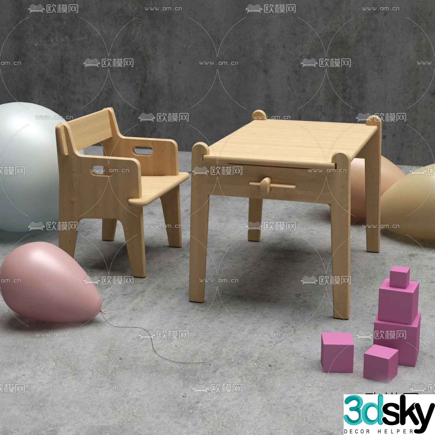 Modern wooden children’s table and chairs 3d model
