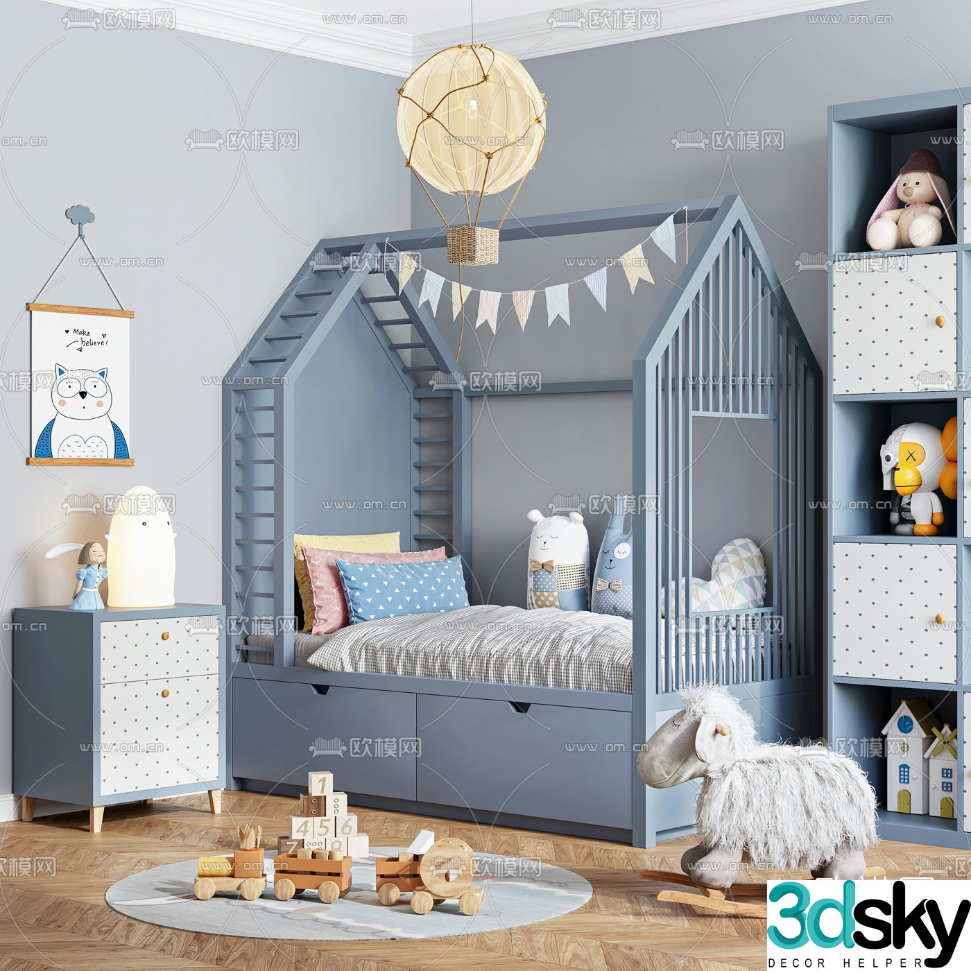 Modern children’s bed and children’s cabinet combination 3d model