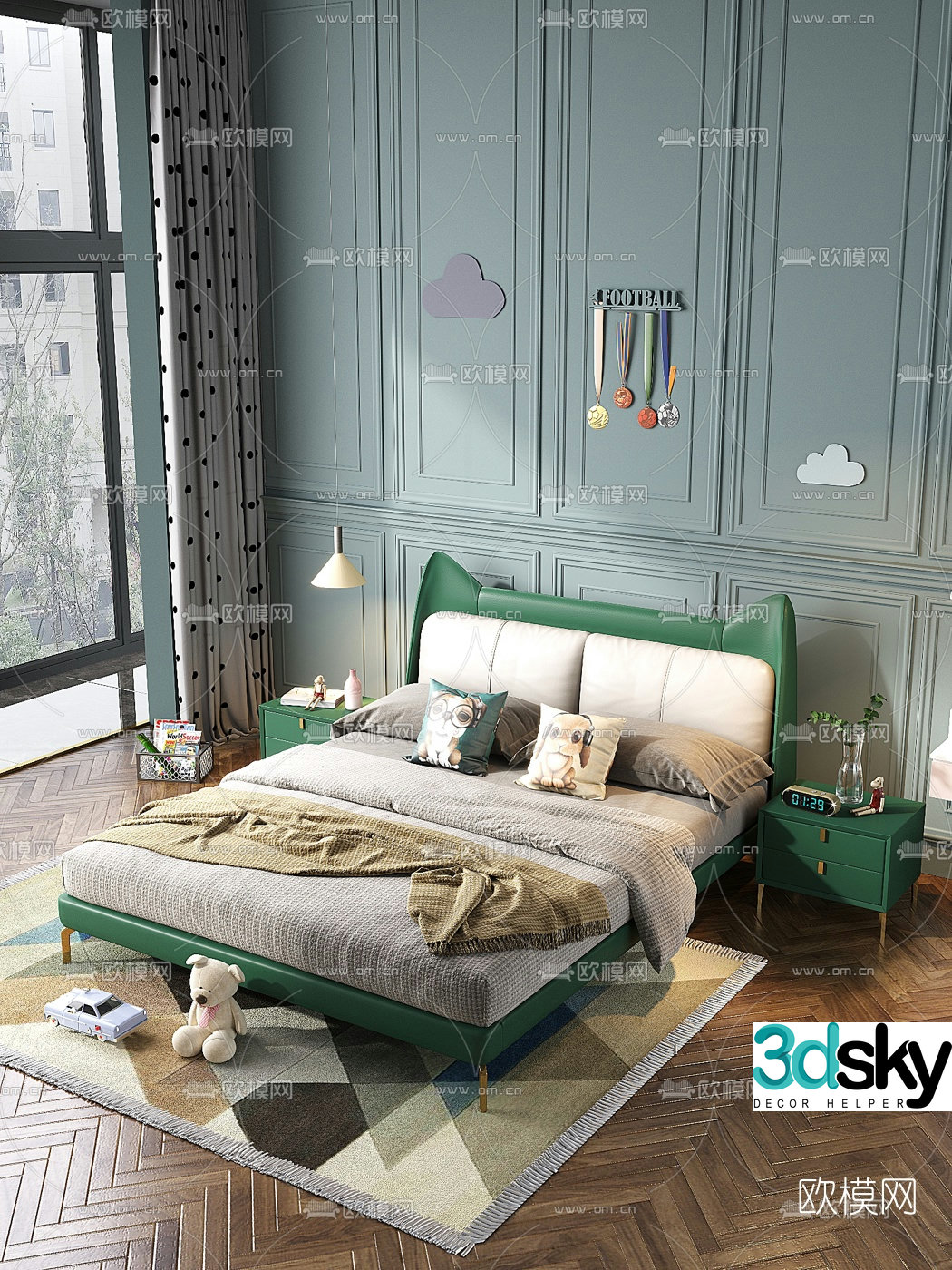 Modern leather double children’s bed 3d model