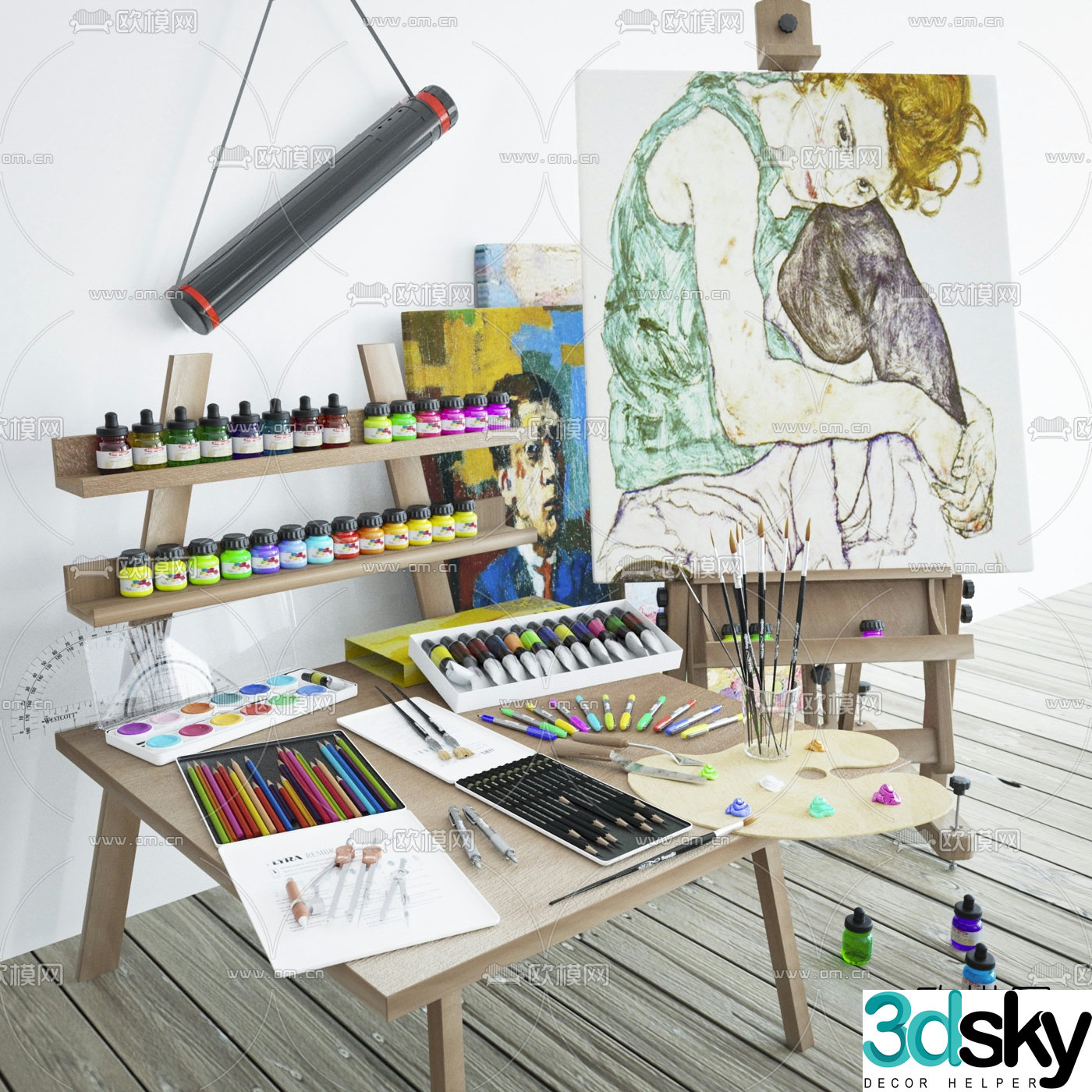 Modern painting tools drawing board paint 3d model