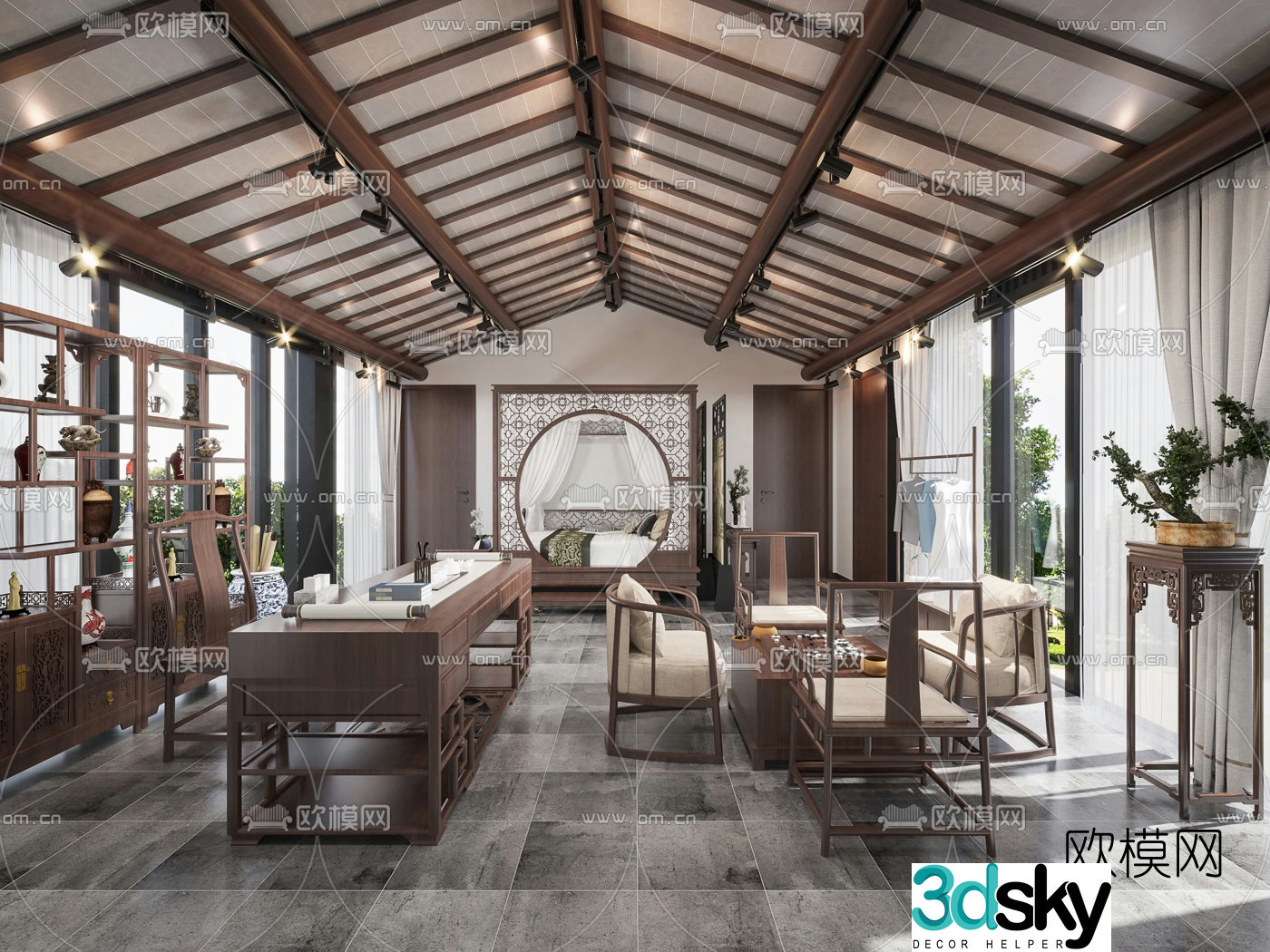 New Chinese style light luxury B&B 3D model