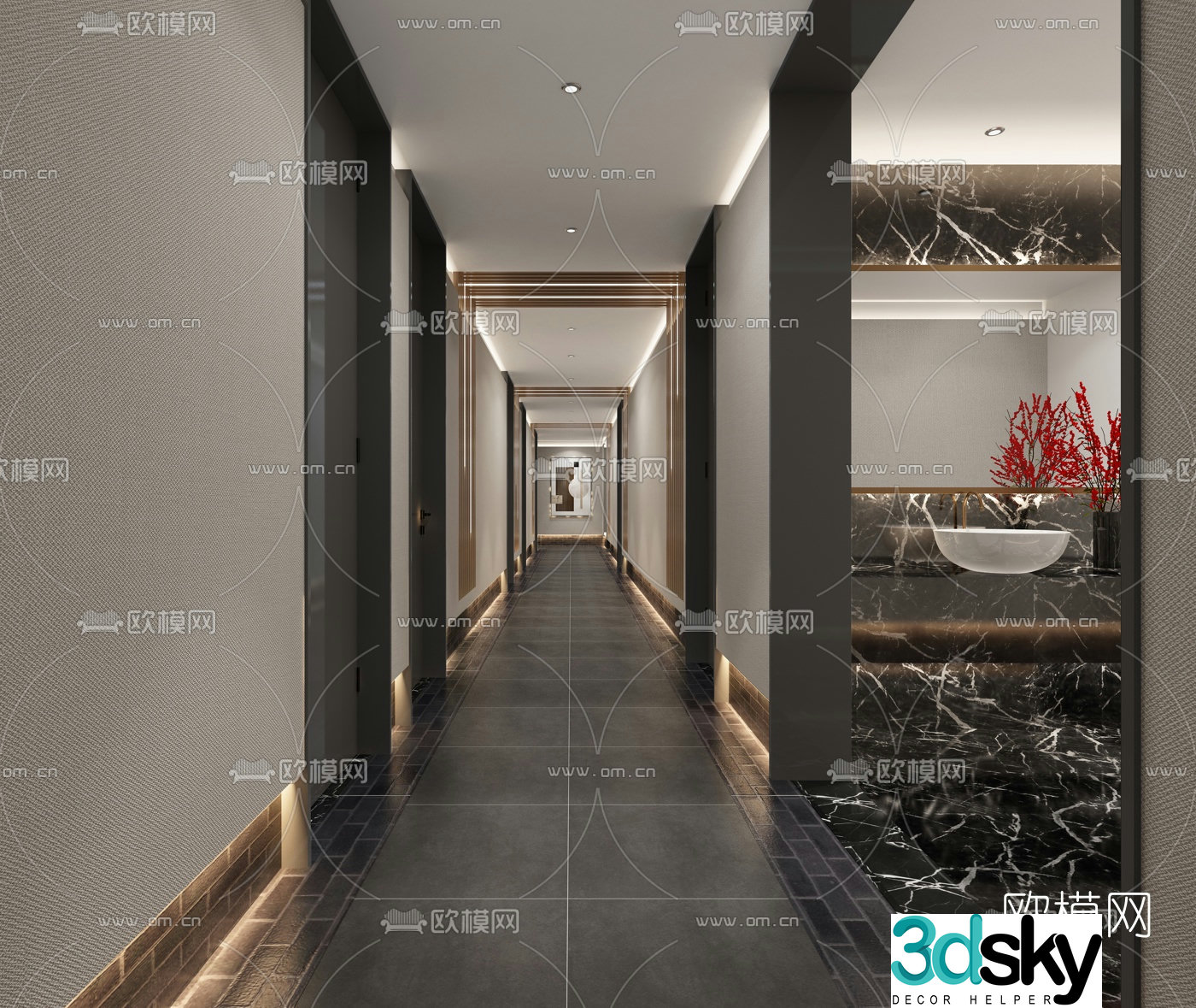 Modern light luxury hotel aisle 3D model