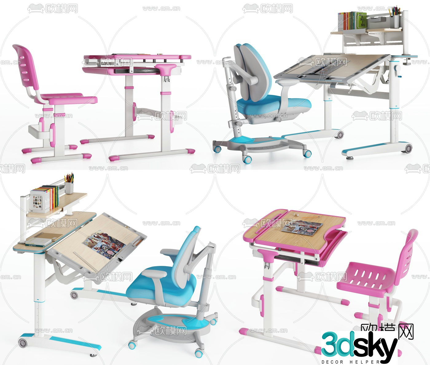 Modern children’s multifunctional study table and chair 3d model