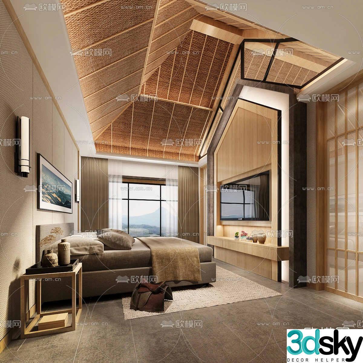 New Chinese style B&B guest room 3D model