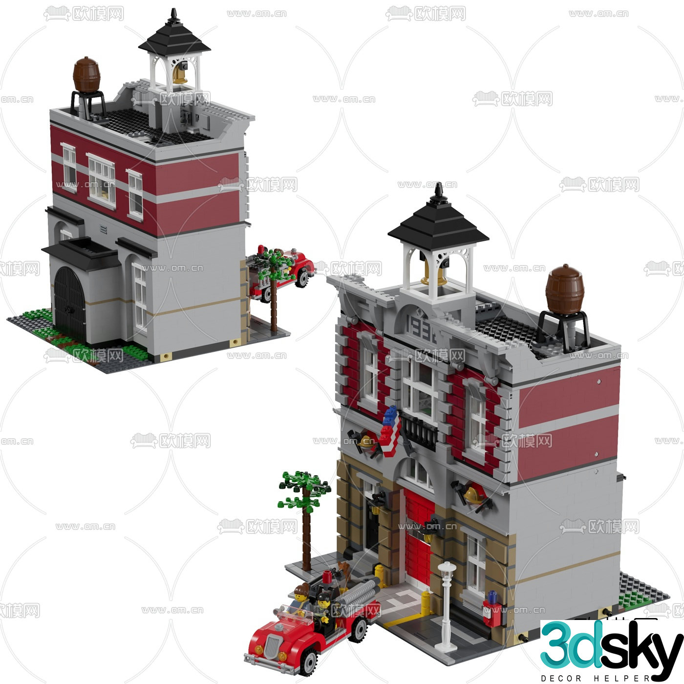Modern building block fire station toy 3d model