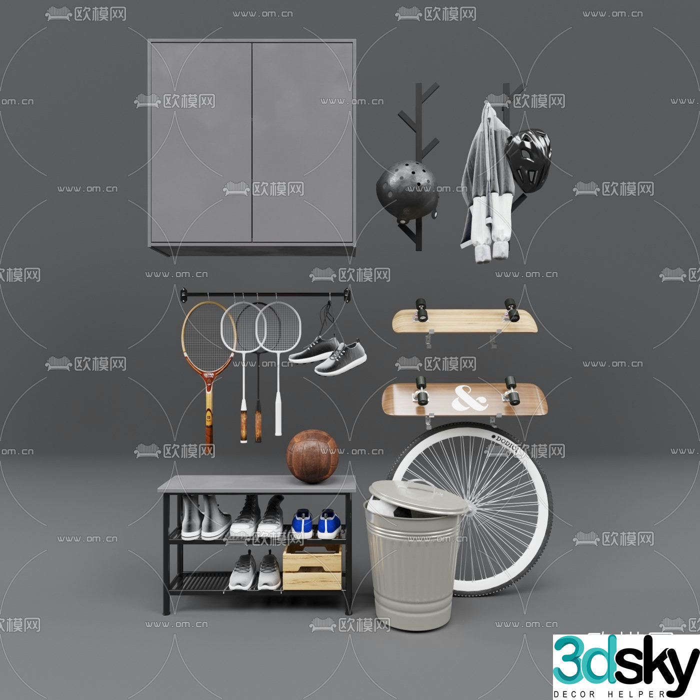 Modern skateboard racket and sneakers 3d model
