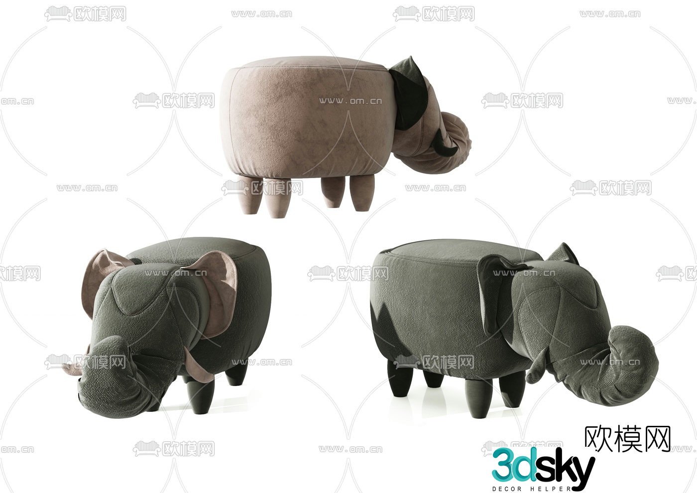 Modern velvet elephant children’s stool 3d model