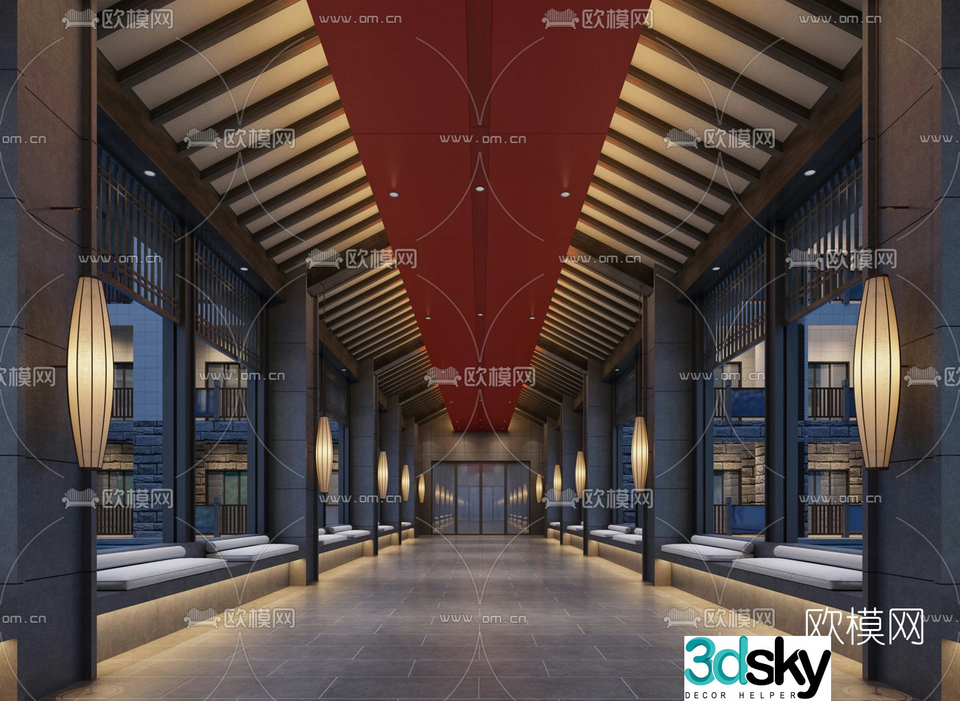 Chinese hotel corridor aisle 3D model