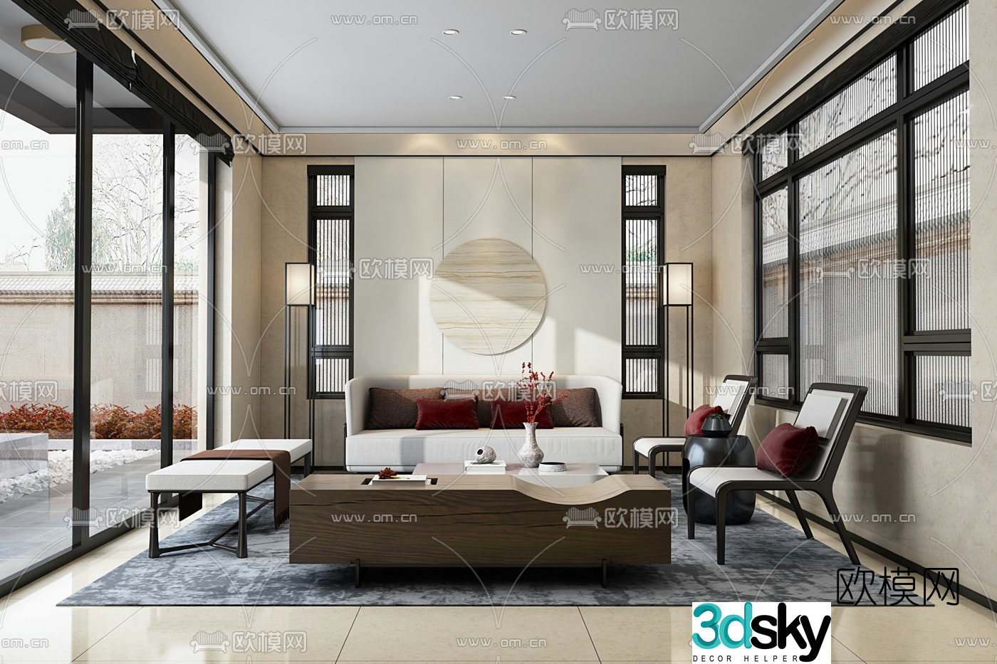 Yichao Design New Chinese Zen Fabric Sofa Combination 3D Model