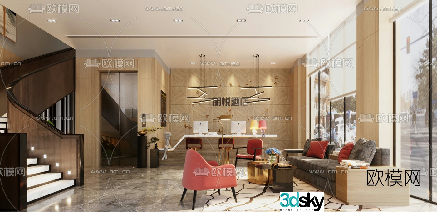3D model of modern express hotel front desk lobby