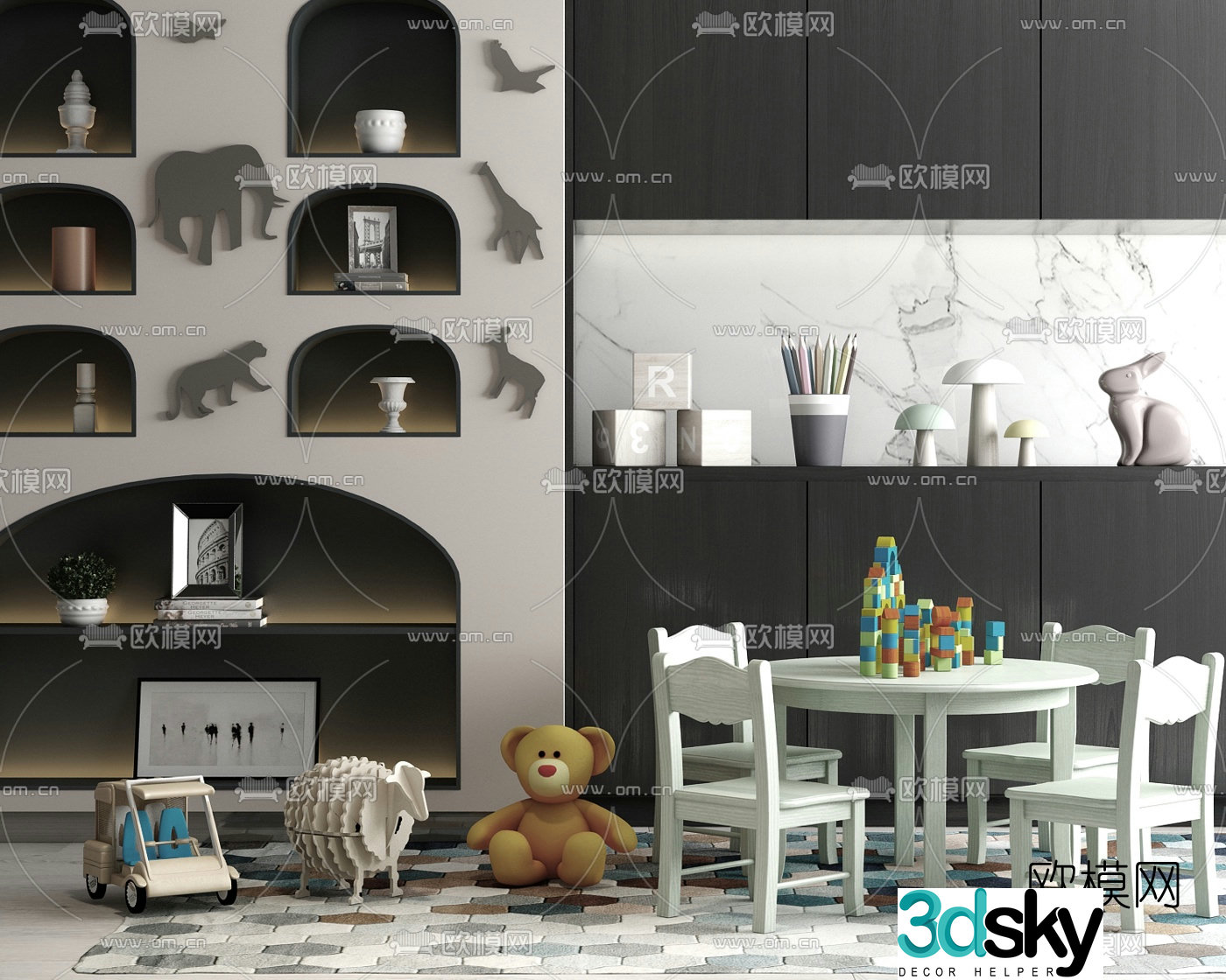 Modern children’s cabinet children’s table and chairs 3d model