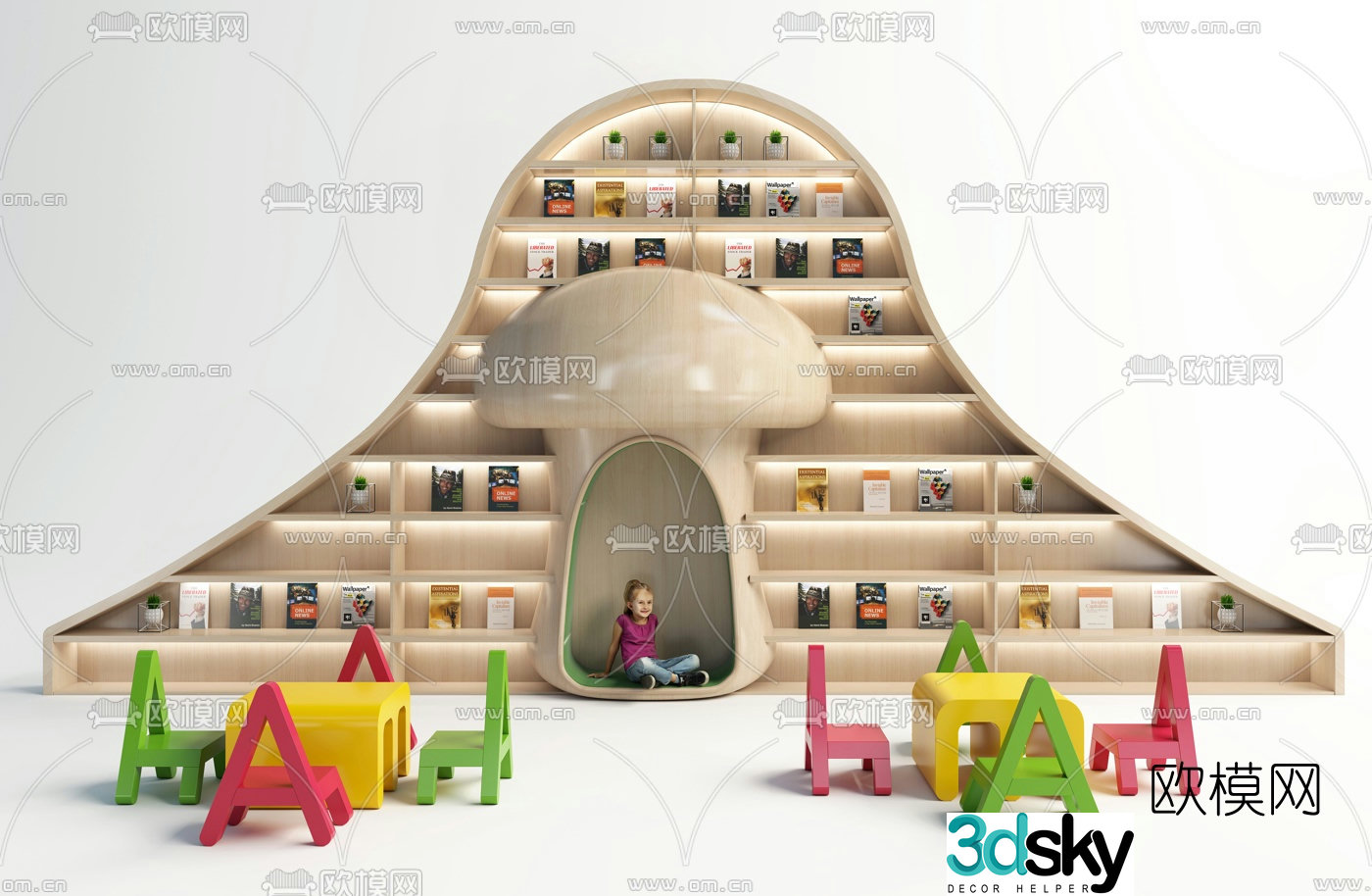 Modern children’s reading area bookcase desk chair 3d model